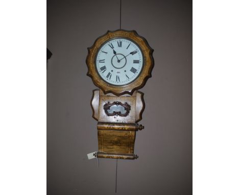 A large Victorian inlaid wall clock, with circular dial with roman numerals within an inlaid frame and inlaid case, with cent