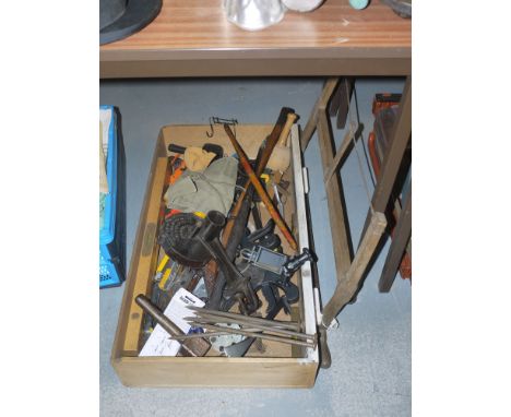 A collection of miscellaneous hand tools; punches; etc., in a box.