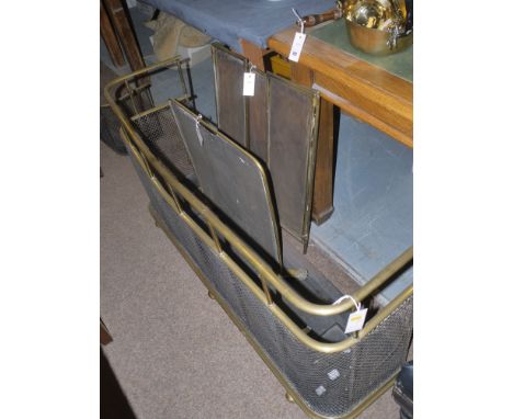 A 19th Century wire mesh and brass fireguard with double brass rail, black painted metal base; together with two wire mesh sp