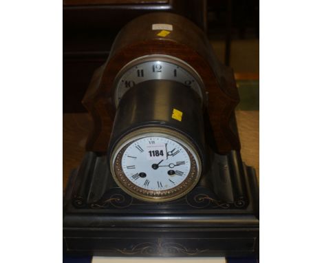 A Victorian mantel clock in arched plate case, with gilded decoration; together with a mantel clock in inlaid mahogany case.