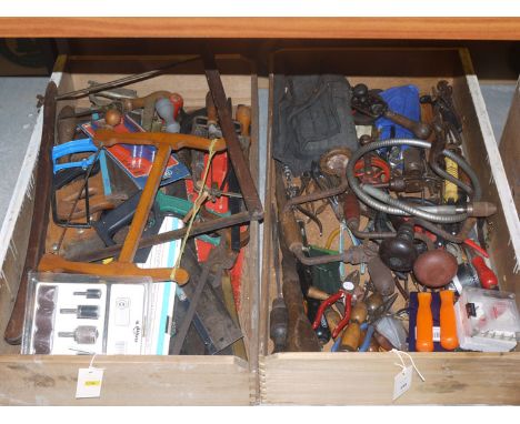 A large collection of miscellaneous hand tools, including: drills; pliers; cutting tools; saws; screw drivers; etc., in two l