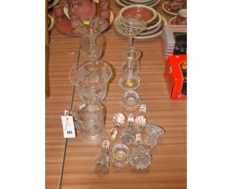 A quantity of engraved glass; together with cut glass decanter stoppers; etc.