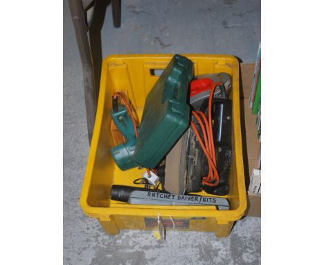 A collection of electric hand tools, including: a saw; drill; sander; etc.