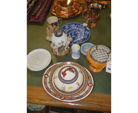 A circular Adelphi pattern plate and cover; a matching oval plate; the base of a Continental ware oil lamp in the form of a g