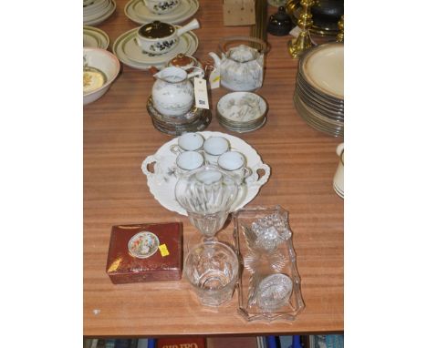 Two Japanese teapots; five coffee cans and saucers; a small jug; an Empire ware box; pieces of glassware; etc.