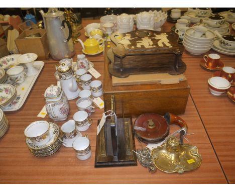 An oak canteen box; a wooden wall bracket; a brass ink well; an old smoker's pipe; a letter rack; a Noritake coffee service; 