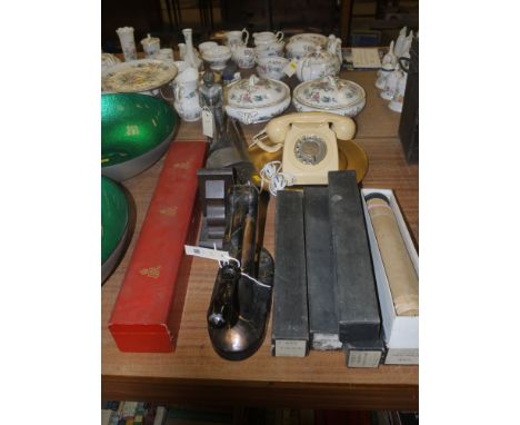 Five pianola rolls; a vintage telephone; a pair of oak bookends; a cigarette lighter, in the form of a knight; and a box deco