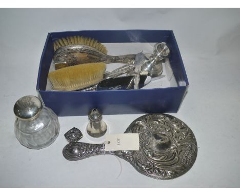 A quantity of silver items, including: silver-backed dressing table items; glove stretchers; Kings pattern cutlery; a scent b