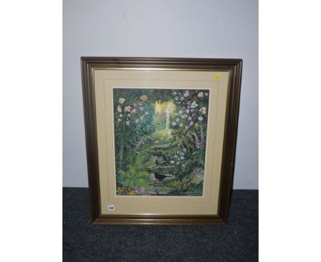 A painting in gouache - Garden scene with blackbird, by M. J. Burleigh-Haynes, signed and dated 1988.