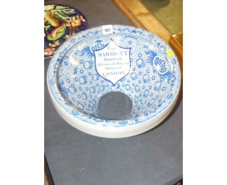 A blue and white conical circular ceramic liner from a 19th Century wash stand, inscribed 'Marriott Patentee, 26 Ludgate Hill