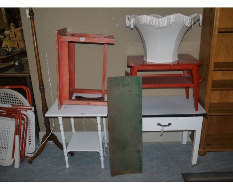 Four small painted tables - various; and a mahogany standard lamp and shade.