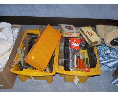 A collection of hand tools, including: hammers; a mini craft drill; and other craft work drills; tools; and sundries, in two 