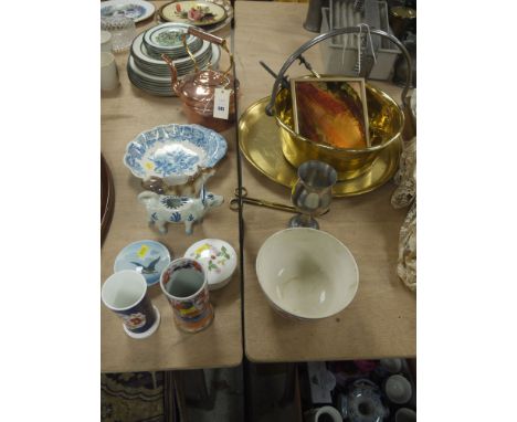 A brass jam pan; a circular brass salver; copper kettle; together with a Spode blue and white chafing dish with floral decora