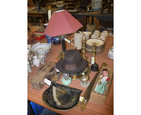 A Pelham puppet; two pairs of brass candlesticks; a table lamp; a cleaning scoop and brush; a brass desk bell; a wood plane; 