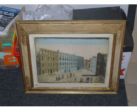 A hand-coloured engraving - "Place Ancorosa, Genoa", with pierced windows to reveal electric back-mounted lighting.