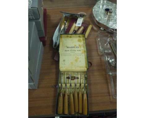 A set of four Ridgeway wood working chisels; six Swiss made wood carving chisels; and a set of six spade carving tools by Mar