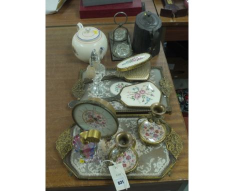 A quantity of 'Petit Point' dressing table ware; a pair of cut glass salts on plated stand; a King Edward VIII commemorative 