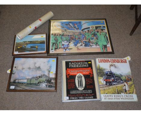 A framed advertising board featuring a Carbotron, - "Portable stove" (restored); two reproduction prints of Dan Dare; a repro