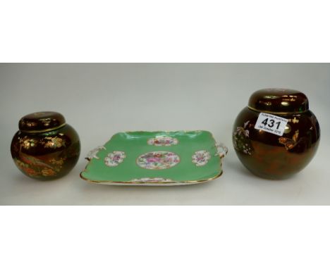 Two Carltonware Rouge Royale Red lustre Ginger Jars measuring 13.5cm and 10.5cm together with a 19th Century hand decorated s