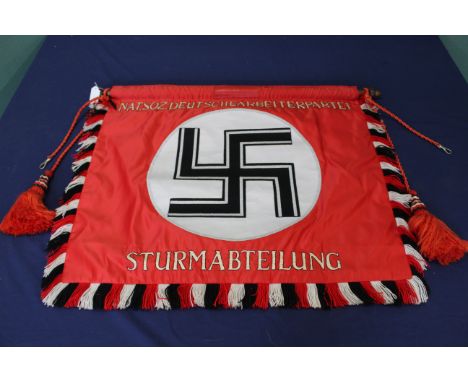 A reenactors German (PATTERN) banner on wooden bar with tassels and fringe to banner, a fine quality item 