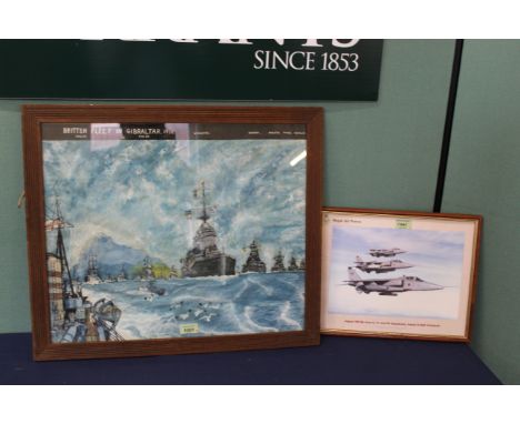 'British Fleet in Gibraltar 1938' painting by George H Hogg 1949, framed and glazed, with a framed Jaguar print
