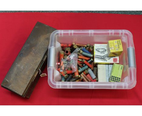 A box of mixed shotgun cartridges including No.1 and 2 rim fire and other collectable examples together with a vintage tin, t