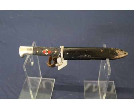 A Third Reich era Hitler youth knife by Anton Wingen Jr, complete with 'moto' and scabbard with leather belt loop