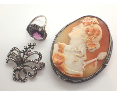 Marcasite spray brooch marcasite and amethyst ring and large silver cameo brooch 