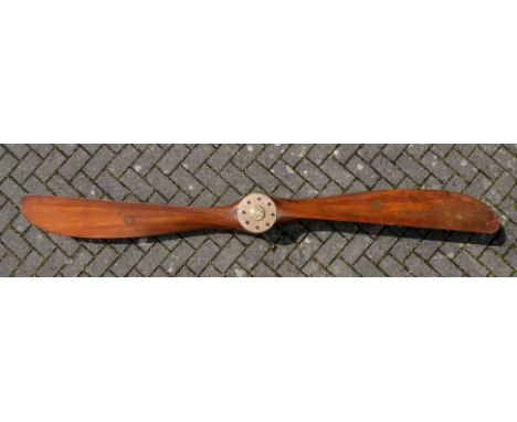 * Propeller. A WWI laminated mahogany two blade propeller from a De Havilland 2 by The Integral Propeller Co Limited, with de