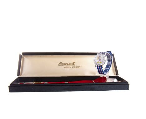 INGERSOLL MICKEY MOUSE STAINLESS STEEL MANUAL WIND WRIST WATCH, the round white dial with central Mickey Mouse motif, black A