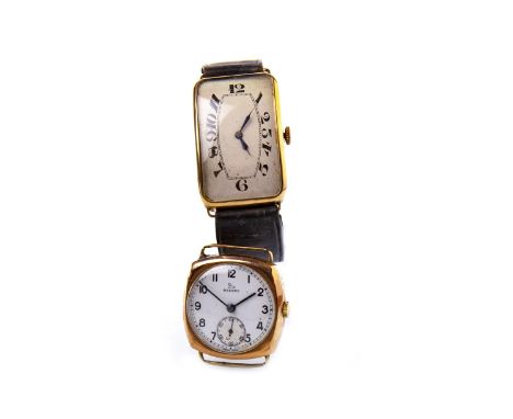 GENTLEMAN'S RECORD NINE CARAT GOLD MANUAL WIND WRIST WATCH, the round white dial with black Arabic numerals, subsidiary secon