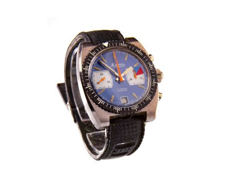 GENTLEMAN'S MINERVA CHRONOGRAPH STAINLESS STEEL MANUAL WIND WRIST WATCH, the round blue dial with applied baton hour markers,