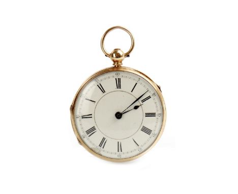 EIGHTEEN CARAT GOLD OPEN FACE KEY WIND POCKET WATCH, the round enamel dial with Roman numerals in black, outer seconds track 