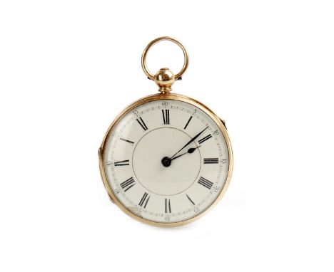 EIGHTEEN CARAT GOLD OPEN FACE KEY WIND POCKET WATCH, the round enamel dial with Roman numerals in black, outer seconds track 