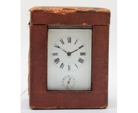 A 20th century brass corniche cased carriage alarm clock, the white dial with black Roman numerals and subsidiary dial, raise