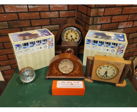 A Franz Hermle of Germany mantel clock, mahogany cased with 8 day movement striking on gongs 51cm tall, together with other m
