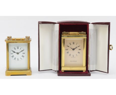 A contemporary Jean Pierre brass cased carriage clock, in leather case, 14cm high together with a 20th century brass cased ca