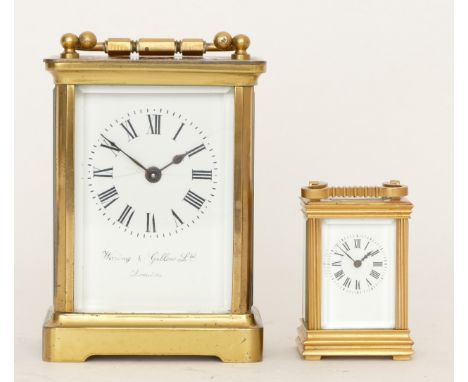A 20th century French brass corniche cased carriage clock retailed by Waring &amp; Gillow, 13cm high together with a a minatu