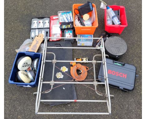 A selection of car related items, to include a Sealey plug tester, brake bleeders, a trolley jack, a Snap-On seat trolley, Ci