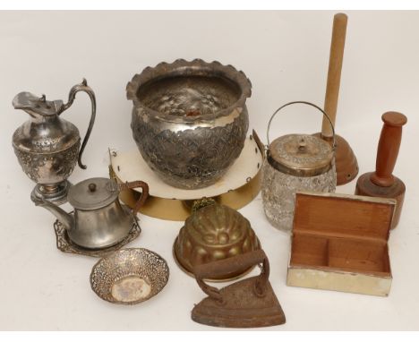 A collection of early 20th century and later brass, copper and silver plated wares, to include two pairs of candle sticks, a 