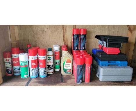 A selection of tools, to include cased socket sets, Makita pilot drills, extractor sets, together with aerosol lubricants and