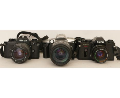 Three cameras comprising of Nikon EM with Tokina 28-70mm 1:3.5-4.5 lens, Ricoh KR-10 Super with Chinon 1:1.7 50mm lens and Mi