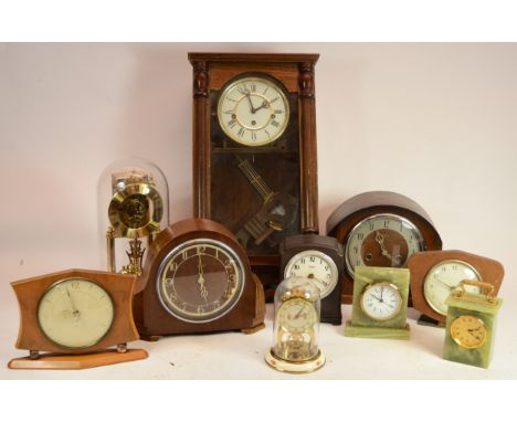 Two boxes of various clocks to include onyx cased mantle clock and carriage clock, together with an Art Deco Bakelite cased c
