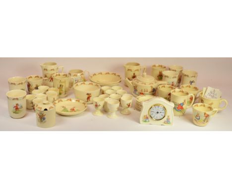Royal Doulton Bunnykins; bowls, jugs, egg cups, clock and a trinket/pin dish All in fine condition - showing no damage or rep