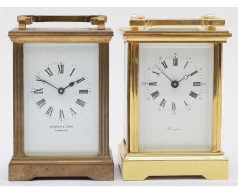 A 20th century Worcester brass cased carriage clock, 15cm high, together with a Bowden &amp; Sons brass cased carriage clock,