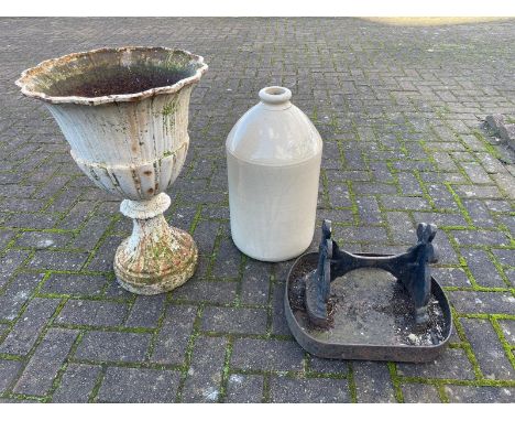 A Victorian white painted cast metal planter, 62cm, a cast iron boot scraper and a late Victorian Doulton Lambeth stoneware j