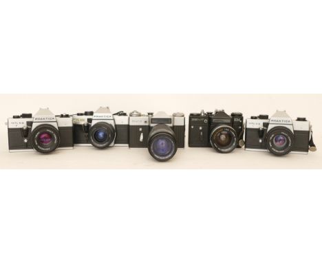 Five assorted cameras comprising of two Praktica MTL5B cameras with Pentacon 1.8/50 lenses, Zenit-E with Helios Auto Zoom 75-