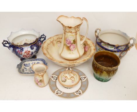 An Edwardian Milford Ware four piece washing set including water jug, bowl, soap dish and vase, together with two Edwardian t