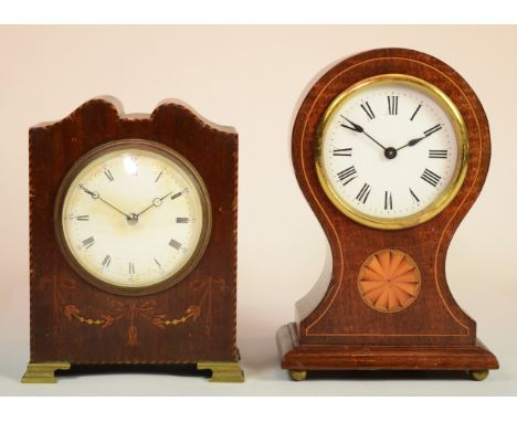 An Edwardian inlaid mahogany drumhead mantle clock, together with one other inlaid mantle clock.
