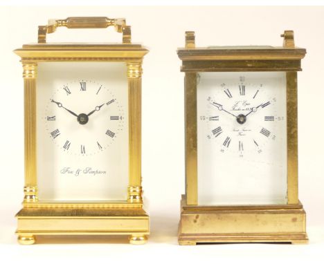 A 20th century Fox &amp; Simpson brass cased carriage clock, 16cm high together with a 20th century French brass cased carria